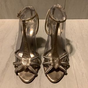 MaxMara Women’s Gold Slip On Ankle Strap Heeled Summer Sandals Size 7.5